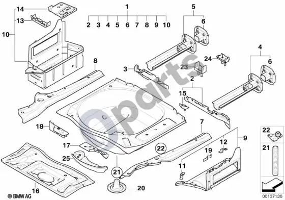 BMW 5 E60 E61 bagažinės grindų skydo tvirtinimo detalės (E60 LCI 520DM47N2, E60 520D) – schema