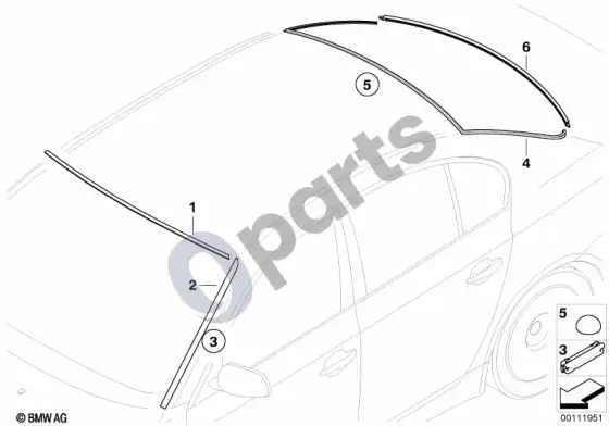 BMW 5 E60 E61 stiklai, tvirtinimo detalės – schema