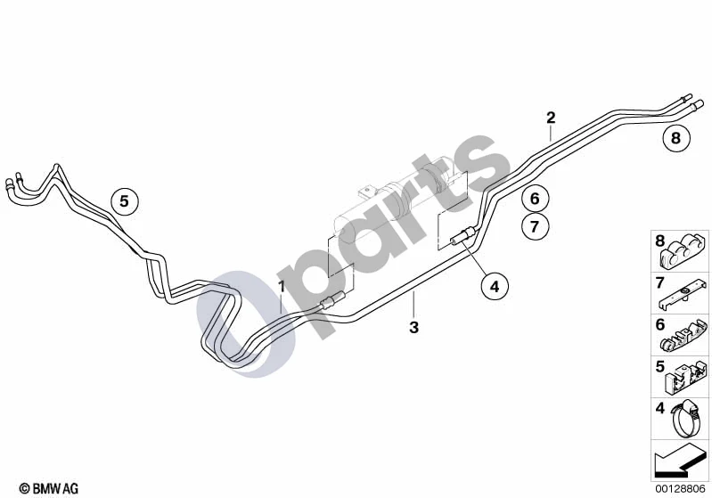BMW 5 E60 E61 (2004–2010) Degalų linijos (E60 LCI 520DM47N2, E60 LCI 520DN47, E60 LCI 525D, E60 LCI 530D, E60 LCI 535D, E60 LCI 525XD, E60 LCI 530XD, E60 520D, E60 525D, E60 530DM57N, E60 535D, E60 530XD, E60 530DM57N2, E61 LCI 520DM47N2, E61 LCI 520DN47, E61 LCI 525D, E61 LCI 530D, E61 LCI 535D, E61 LCI 525XD, E61 LCI 530XD, E61 520D, E61 525D, E61 530DM57N, E61 535D, E61 530XD, E61 530DM57N2) schema – pozicija 01: Tiekimo linija, priekinė