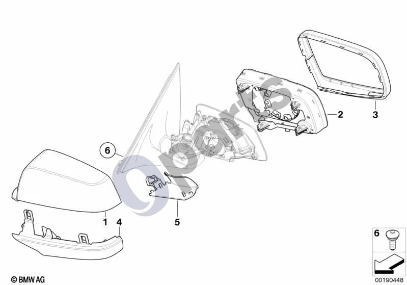 BMW 5 E60 E61 (2004–2010) Išorinis veidrodėlis; 2009.08 - ... (E60 LCI 520DM47N2) schema – pozicija 04: Apatinė korpuso dalis, kairė