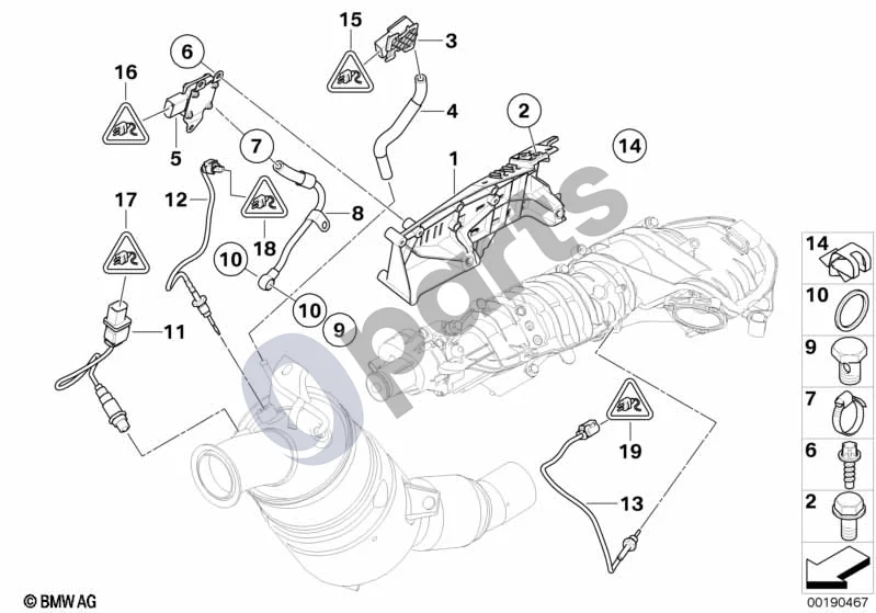 BMW 5 E60 E61 (2004–2010) Suodžių filtras, jutiklių sistema (E60 LCI 520DN47, E61 LCI 520DN47) schema – pozicija 11: Deguonies jutiklis