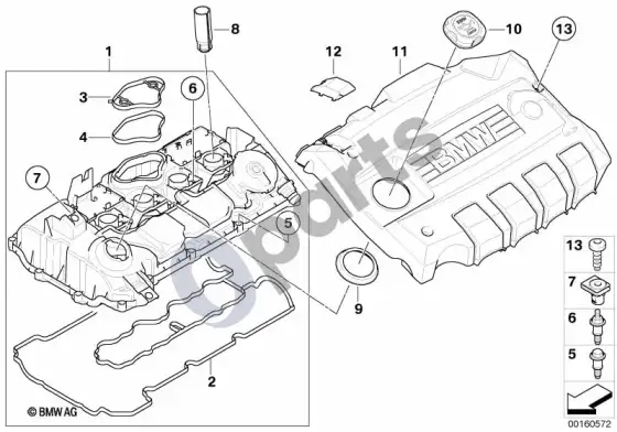 BMW 5 E60 E61 cilindrų galvutės dangtis (E60 LCI 520IN43, E61 LCI 520I) – schema
