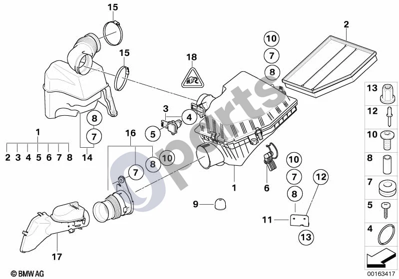 BMW 5 E60 E61 (2004–2010) Įsiurbimo oro duslintuvas / filtro elementas / oro masės matuoklis (HFM, E60 LCI 520IN43, E61 LCI 520I) schema – pozicija 01: Įsiurbimo oro duslintuvas