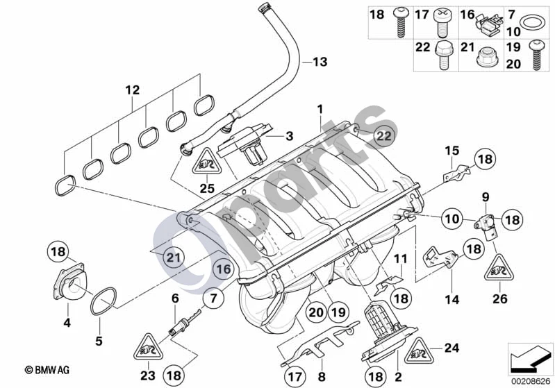 BMW 5 E60 E61 (2004–2010) Įsiurbimo kolektoriaus sistema (E60 LCI 523IN53, E61 LCI 523IN53) schema – pozicija 13: Ventiliacijos žarna