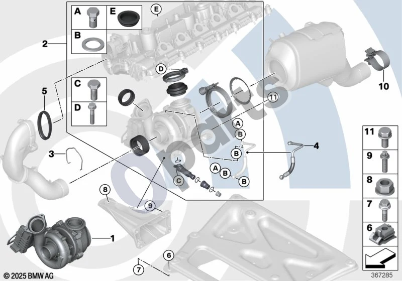 BMW 5 E60 E61 (2004–2010) Išmetamųjų dujų turbokompresorius ir montavimo komplektas Value Line (E60 LCI 525D, E60 LCI 530D, E60 530DM57N2, E61 LCI 525D, E61 LCI 530D, E61 530DM57N2) schema – pozicija 01: Išmetamųjų dujų turbokompresorius