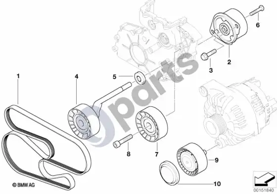 BMW 5 E60 E61 diržinė pavara, vandens siurblys / generatorius (E60 LCI 525D, E60 LCI 530D, E60 LCI 535D, E60 535D, E60 530DM57N2, E61 LCI 525D, E61 LCI 530D, E61 LCI 535D, E61 535D, E61 530DM57N2) – schema