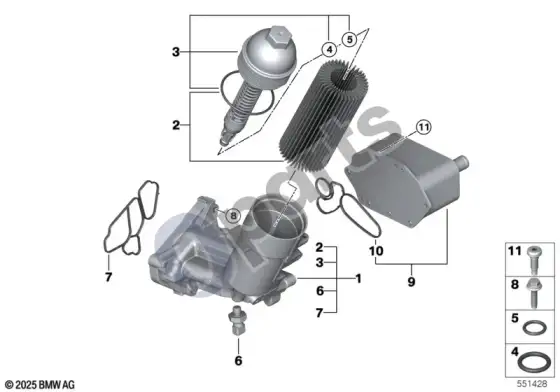 BMW 5 E60 E61 tepimo sistema – alyvos filtras, šilumokaitis (E60 LCI 525D, E60 LCI 530D, E60 LCI 535D, E60 LCI 525XD, E60 LCI 530XD, E60 530XD, E60 530DM57N2, E61 LCI 525D, E61 LCI 530D, E61 LCI 535D, E61 LCI 525XD, E61 LCI 530XD, E61 530XD, E61 530DM57N2) – schema