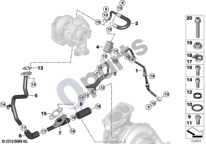 BMW 5 E60 E61 (2004–2010) Išmetamųjų dujų turbokompresoriaus alyvos tiekimas (E60 LCI 535D, E61 LCI 535D) schema – pozicija 07: Grįžtamasis vamzdis