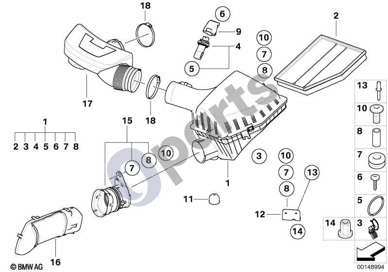 BMW 5 E60 E61 (2004–2010) Įsiurbimo oro duslintuvas / filtro elementas / oro masės matuoklis (HFM, E60 LCI 540I, E60 540I, E61 LCI 550I, E61 550I) schema – pozicija 01: Įsiurbimo oro duslintuvas