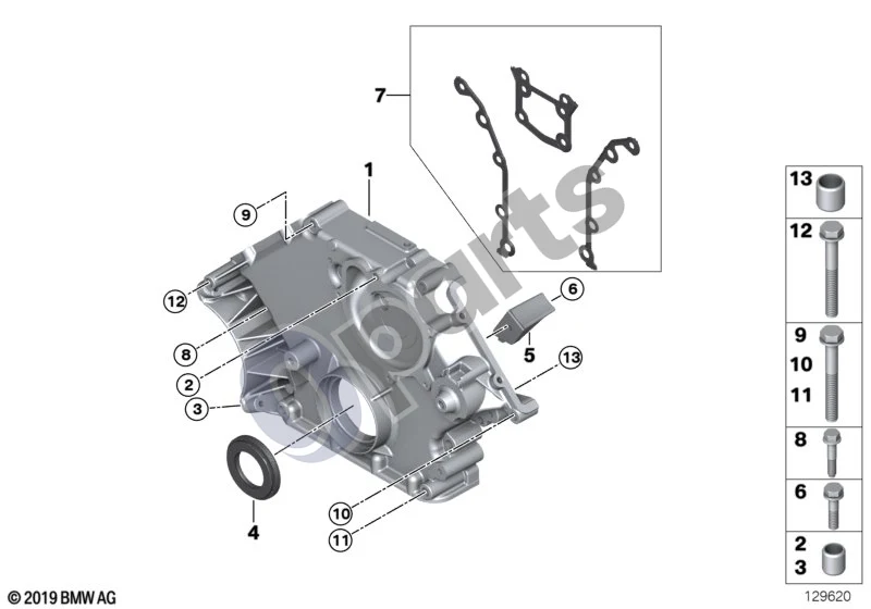 BMW 5 E60 E61 (2004–2010) Apatinis paskirstymo mechanizmo korpusas (E60 LCI 540I, E60 LCI 550I, E60 540I, E60 545I, E60 550I, E61 LCI 550I, E61 545I, E61 550I) schema – pozicija 01: Paskirstymo mechanizmo dangtis, apatinis