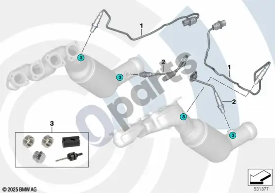 BMW 5 E60 E61 remonto komplektas, privirinama įvorė, išmetamųjų dujų jutiklių sistema (E60 LCI 540I, E60 LCI 550I, E60 540I, E60 545I, E60 550I, E61 LCI 550I, E61 545I, E61 550I) – schema