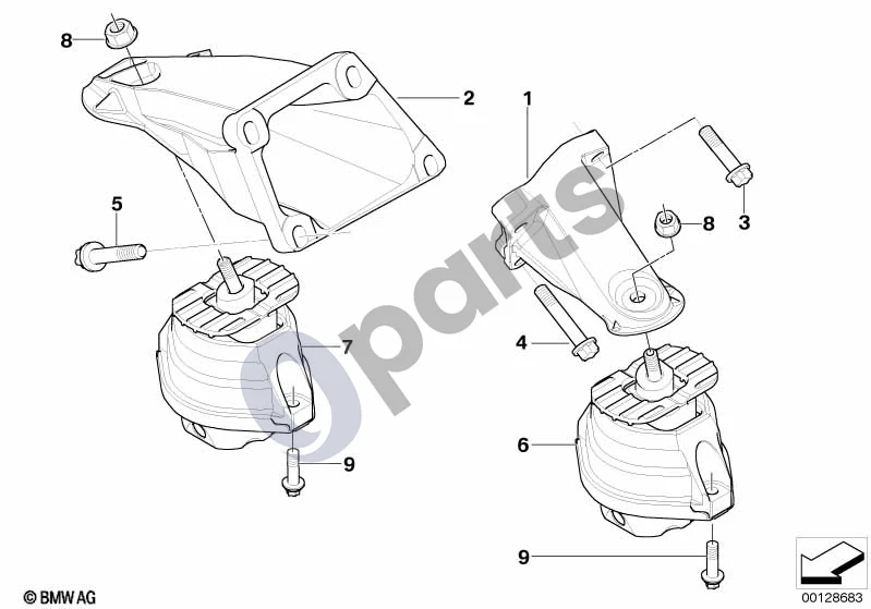 BMW 5 E60 E61 (2004–2010) Variklio pakaba (E60 LCI 540I, E60 LCI 550I, E60 540I, E60 550I, E61 LCI 550I, E61 550I) schema – pozicija 02: Variklio laikiklis, dešinysis