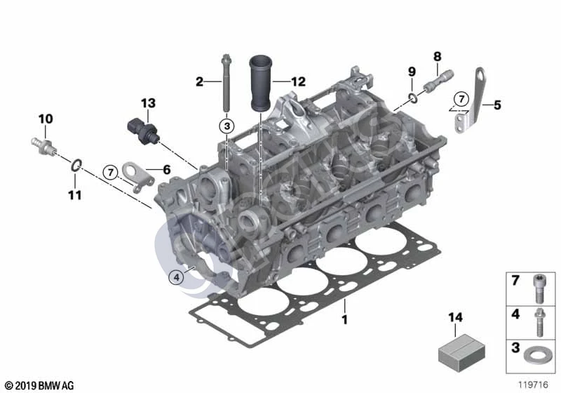 BMW 5 E60 E61 (2004–2010) Cilindrų galvutės pritvirtinamos detalės (E60 LCI 550I, E60 550I, E61 LCI 550I, E61 550I) schema – pozicija 01: Cilindrų galvutės tarpiklis be asbesto