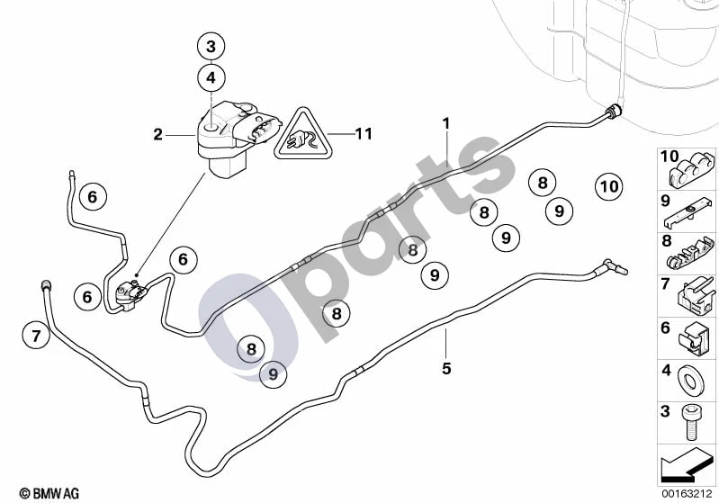 BMW 5 E60 E61 (2004–2010) Degalų vamzdis ir nusiurbimo linija (E60 M5) schema – pozicija 05: Priekinė nuorinimo linija