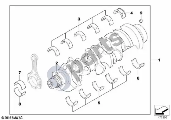 BMW 5 E60 E61 alkūninis velenas su guolių įdėklais (E60 M5, E61 LCI M5) – schema