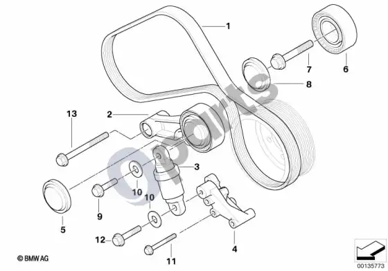 BMW 5 E60 E61 kondicionieriaus kompresoriaus pavara diržu (E60 M5, E61 LCI M5) – schema