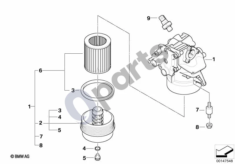 BMW 5 E60 E61 (2004–2010) Tepimo sistema – alyvos filtras (E60 M5, E61 LCI M5) schema – pozicija 01: Alyvos filtras su alyvos aušintuvo jungtimi