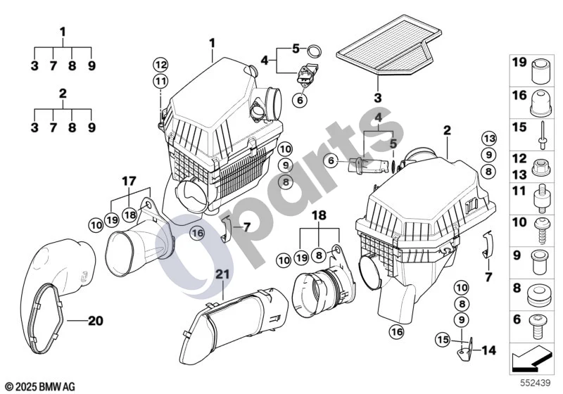 BMW 5 E60 E61 (2004–2010) Įsiurbimo oro duslintuvas / filtro elementas / oro masės matuoklis (HFM, E60 M5) schema – pozicija 04: Plėvelinis oro masės matuoklis