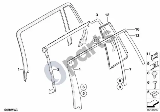 BMW 5 E60 E61 galinių durų apdailos ir sandarikliai (E61 LCI 520DM47N2, E61 520D) – schema