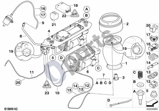BMW 5 E60 E61 lygio reguliavimo įtaisas, pneumatinė pakaba ir valdymo blokas (E61 LCI 520DM47N2, E61 LCI 520DN47, E61 LCI 525D, E61 LCI 530D, E61 LCI 535D, E61 520D, E61 525D, E61 530DM57N, E61 535D, E61 530DM57N2) – schema