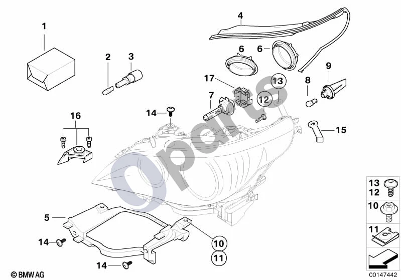 BMW 5 E60 E61 (2004–2010) Individual halogeninio žibinto dalys; ... - 2007.03 schema – pozicija 17: H7 lemputės laikymo spyruoklė