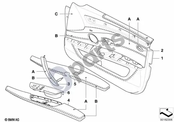 BMW 5 E60 E61 individualus durų apdailos skydas, pilna oda, priekinis; 2007.03 - ... – schema