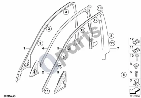 BMW 5 E60 E61 priekinių durų apdailos ir sandarikliai – schema