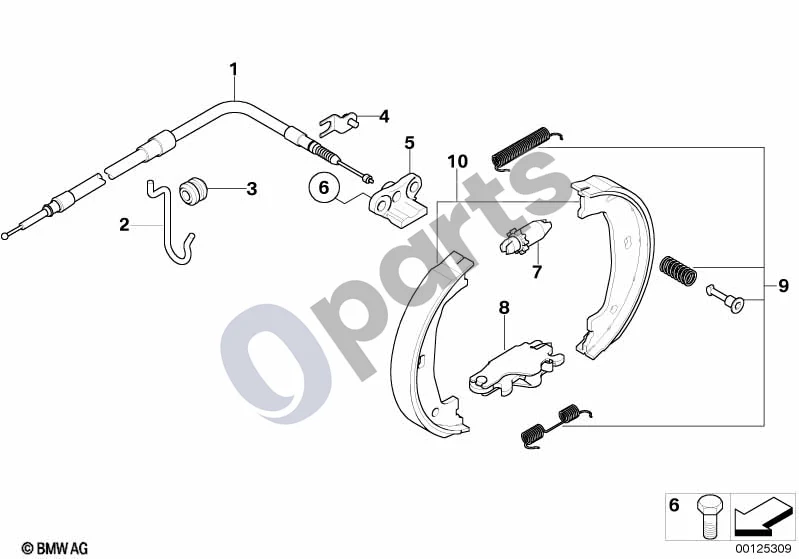 BMW 5 E60 E61 (2004–2010) Stovėjimo stabdys / stabdžių kaladėlės schema – pozicija 10: Remonto komplektas, stabdžių trinkelės be asbesto