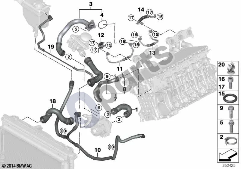 BMW 5 E60 E61 (2004–2010) Aušinimo sistemos aušinimo skysčio žarnos (N54) schema – pozicija 11: Aušinimo skysčio tiekimo linija (ZYL. 1-3)
