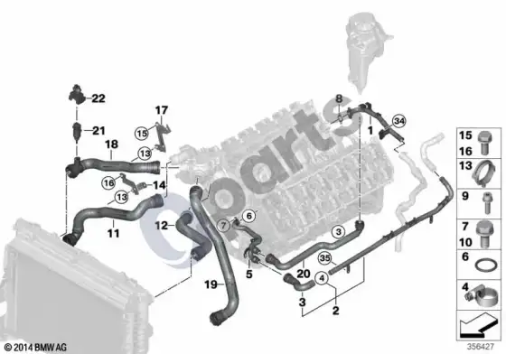 BMW 5 E60 E61 aušinimo sistemos aušinimo skysčio žarnos (S85) – schema
