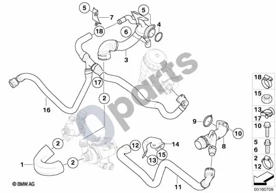 BMW 5 E60 E61 aušinimo sistemos vandens žarnos (N43) – schema