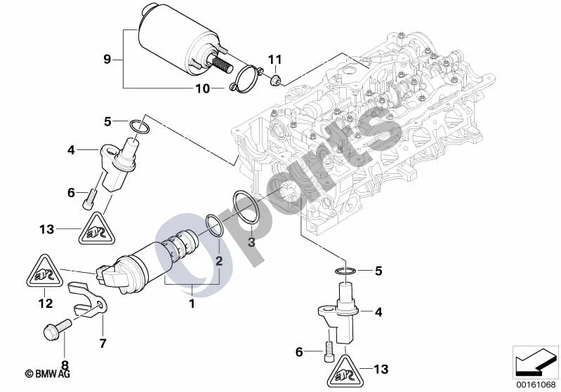BMW 5 E60 E61 (2004–2010) Cilindrų galvutė, elektriniai papildomi komponentai (N46N) schema – pozicija 01: Solenoidinis vožtuvas (SOLV)