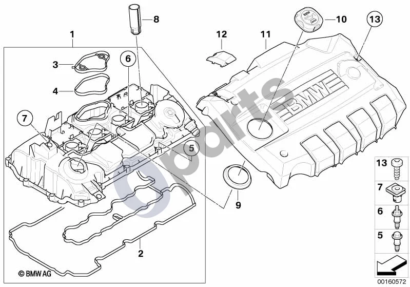 BMW 5 E60 E61 (2004–2010) Cilindrų galvutės dangtis (N43) schema – pozicija 01: Cilindrų galvutės dangtis, komplektas