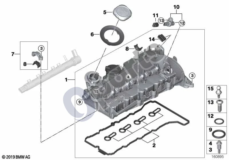 BMW 5 E60 E61 (2004–2010) Cilindrų galvutės dangtis (N47) schema – pozicija 01: Cilindrų galvutės dangtis