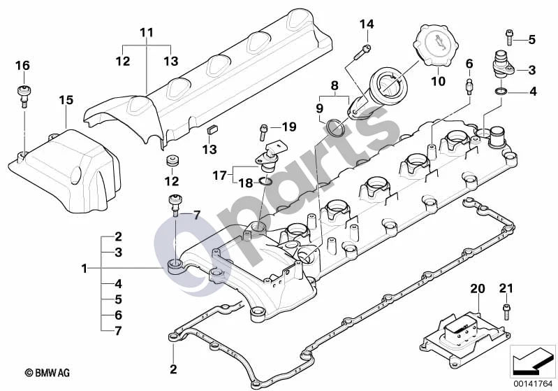 BMW 5 E60 E61 (2004–2010) Cilindrų galvutės dangtis (S85) schema – pozicija 05: ISA varžtas su poveržle (M6X18-U1-8.8)