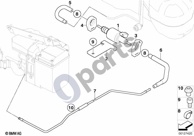 BMW 5 E60 E61 (2004–2010) Degalų tiekimas / siurblys / vamzdeliai (E60, E60 LCI, E61 LCI) schema – pozicija 09: Cilindrinės galvutės sraigtas (M5X10-8.8-ZNNIV)