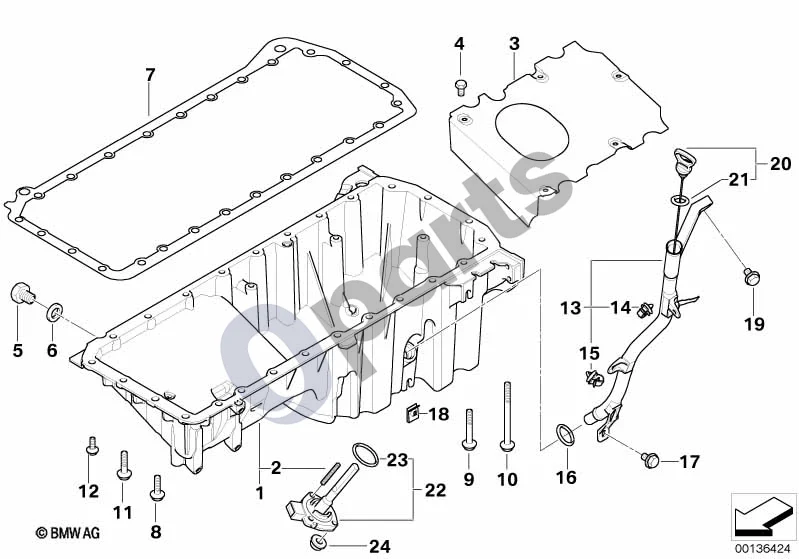 BMW 5 E60 E61 (2004–2010) Alyvos karteris / alyvos lygio matuoklis (M57N, E60) schema – pozicija 10: Torx varžtas (M6X100)