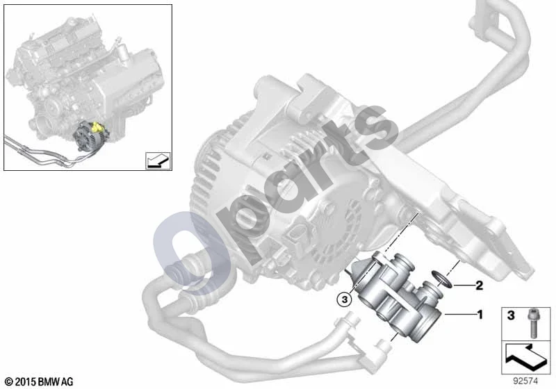 BMW 5 E60 E61 (2004–2010) Alyvos tiekimas – alyvos aušintuvo jungtis (N62) schema – pozicija 01: Adapteris su termostatu