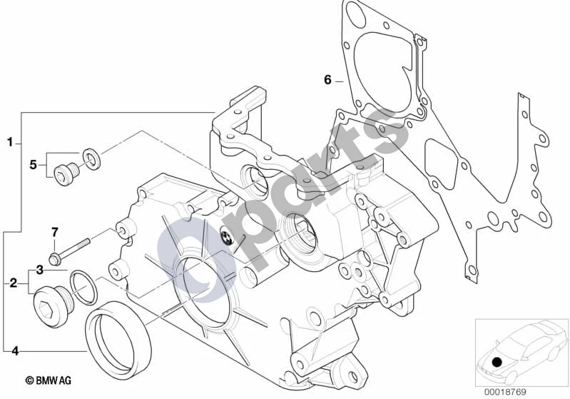 BMW 5 E60 E61 (2004–2010) Apatinis paskirstymo mechanizmo korpusas (M57N2) schema – pozicija 06: Plieninis tarpiklis