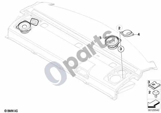 BMW 5 E60 E61 atskiros dalys galinės lentynos hifi sistemai – schema