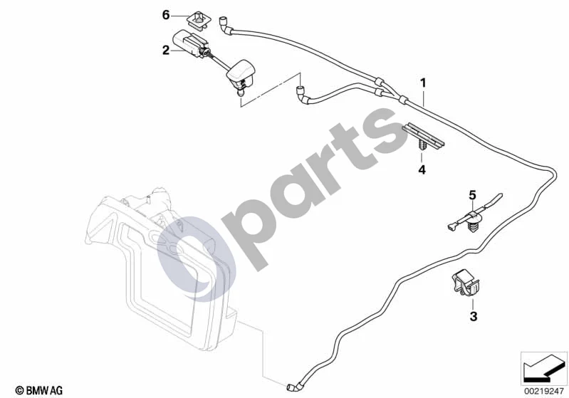 BMW 5 E60 E61 (2004–2010) Atskiros dalys priekinio stiklo valymo sistemai schema – pozicija 02: Purkštukas