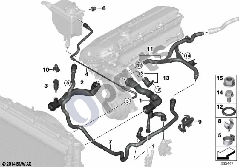 BMW 5 E60 E61 (2004–2010) Aušinimo sistemos aušinimo skysčio žarnos (M54, E60) schema – pozicija 07: Grįžtamoji žarna