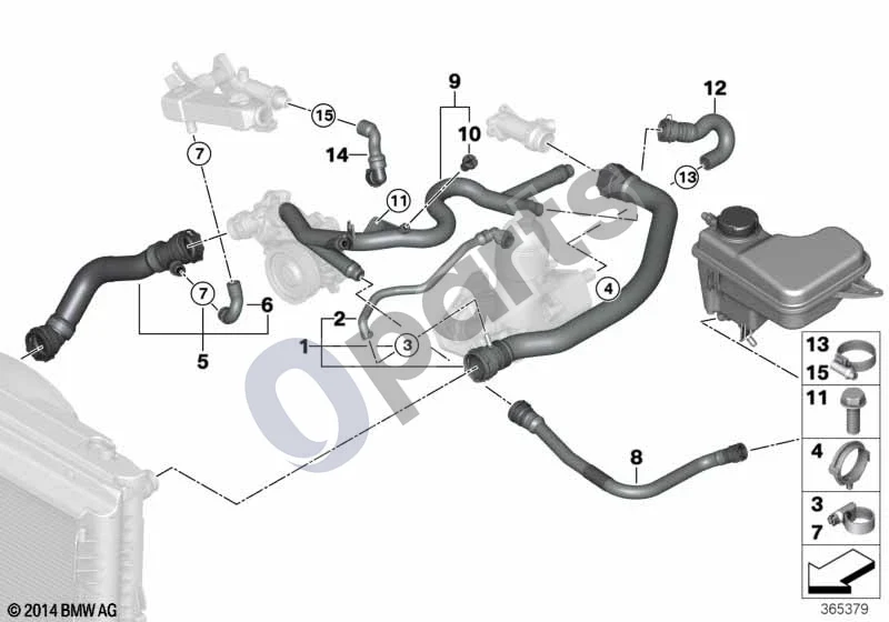 BMW 5 E60 E61 (2004–2010) Aušinimo sistemos aušinimo skysčio žarnos (M57N2) schema – pozicija 05: Aušinimo skysčio žarna