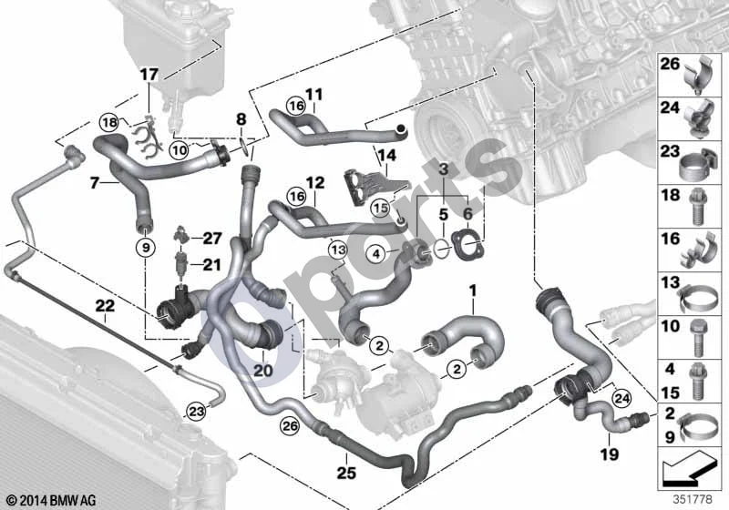 BMW 5 E60 E61 (2004–2010) Aušinimo sistemos aušinimo skysčio žarnos (N52) schema – pozicija 24: Vamzdžio laikiklis