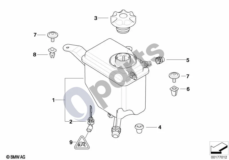 BMW 5 E60 E61 (2004–2010) Aušinimo skysčio išsiplėtimo bakelis (M54) schema – pozicija 03: Plėtimosi bakelio užsukamas dangtelis