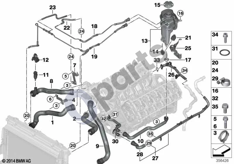 BMW 5 E60 E61 (2004–2010) Aušinimo skysčio žarnos (S85) schema – pozicija 23: Ventiliacijos žarna