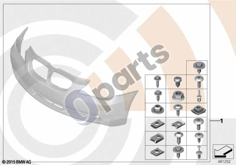 BMW 5 E60 E61 (2004–2010) Bamperio montavimo komplektas schema – pozicija 01: Tvirtinimo detalių komplektas, priekinis bamperis (VALUE PARTS)