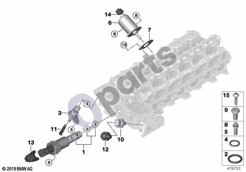 BMW 5 E60 E61 (2004–2010) Cilindrų galvutė, elektriniai papildomi komponentai (E60) schema – pozicija 01: Solenoidinis vožtuvas (SOLV)