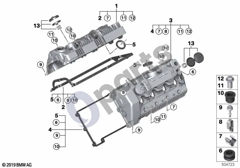 BMW 5 E60 E61 (2004–2010) Cilindrų galvutės dangtis (N62) schema – pozicija 13: Remonto komplektas, slėgio reguliavimo vožtuvas