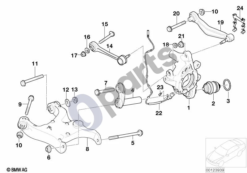 BMW 5 E60 E61 (2004–2010) Galinės ašies atrama/ratų pakaba (E60) schema – pozicija 19: Trikampės svirties remonto komplektas, dešinė (VALUE PARTS)